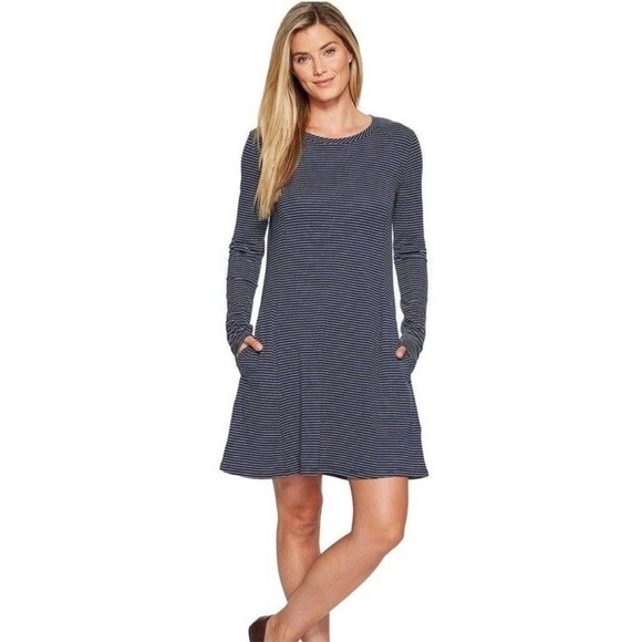 Toad & Co. Windmere Long Sleeve Dress Blue Striped M Hiking Outdoors Nature - Picture 2 of 10
